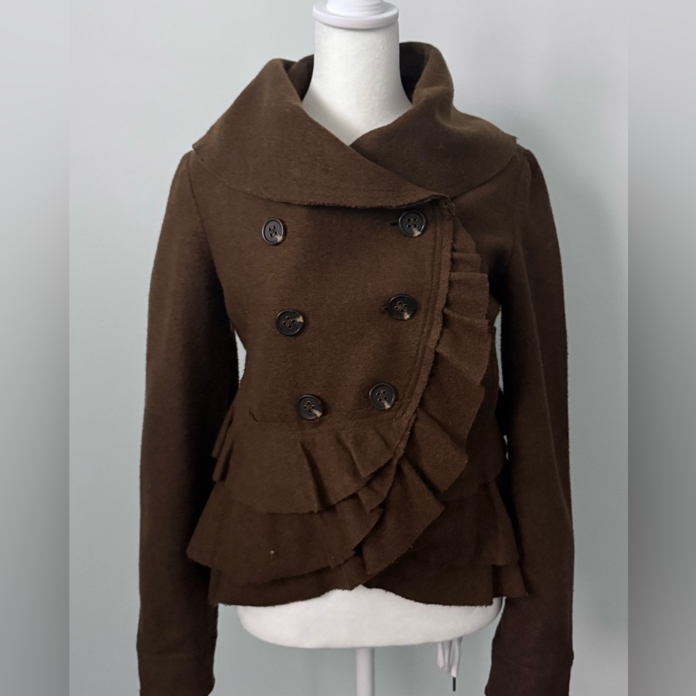 Anthropologie Elevenses Brown Ruffle Pea Coat Wool Blend Size 2